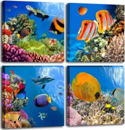 Bathroom Canvas Sea Turtle  Colorful Fish Coral Dolphin Ocean  Navy Seascape Artwork Framed Nautical - blue - 12inchx12inchx4pcs