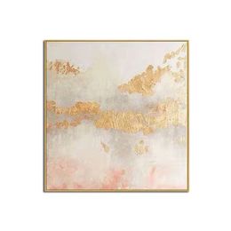 Hand Painted Gold Foil Abstract Oil Painting Wall Art Modern Minimalist Pink Picture Canvas Home Decor For Living Room No Frame - 120x120cm