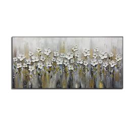 Handmade Gold Foil Abstract Oil Painting  Wall Art Modern Minimalist White Flowers Canvas Home Decorative For Living Room No Frame - 70x140cm