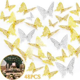 48pcs 3D Butterfly Wall Decor Removable Metallic Wall Sticker Room Mural Decals - Gold
