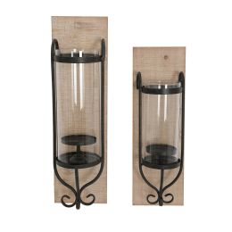 DunaWest 21 Inch Industrial Wall Mount Wood Candle Holder With Glass Hurrican, Set of 2, Black - Default