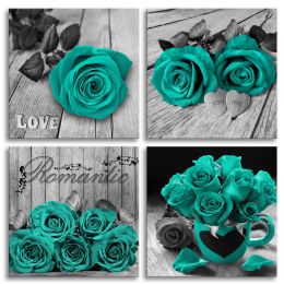 Teal Wall Decor Rose Canvas Wall Art for Bedroom Living Room Home Decor - 12x12inchx4pcs