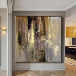 Large Original Hand Painted Abstract Modern Golden Oil Paintings On Canvas Wall Art Entryway Living Room Home Decor No Frame (Size: 120x120cm)