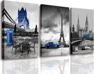 3 Panels London Blue Bus Canvas Wall Art Paris Eiffel Tower Cityscape Picture Canvas Print for Bedroom Bathroom Decoration Framed Artworks (Size: 12inchx16inchx3pieces)